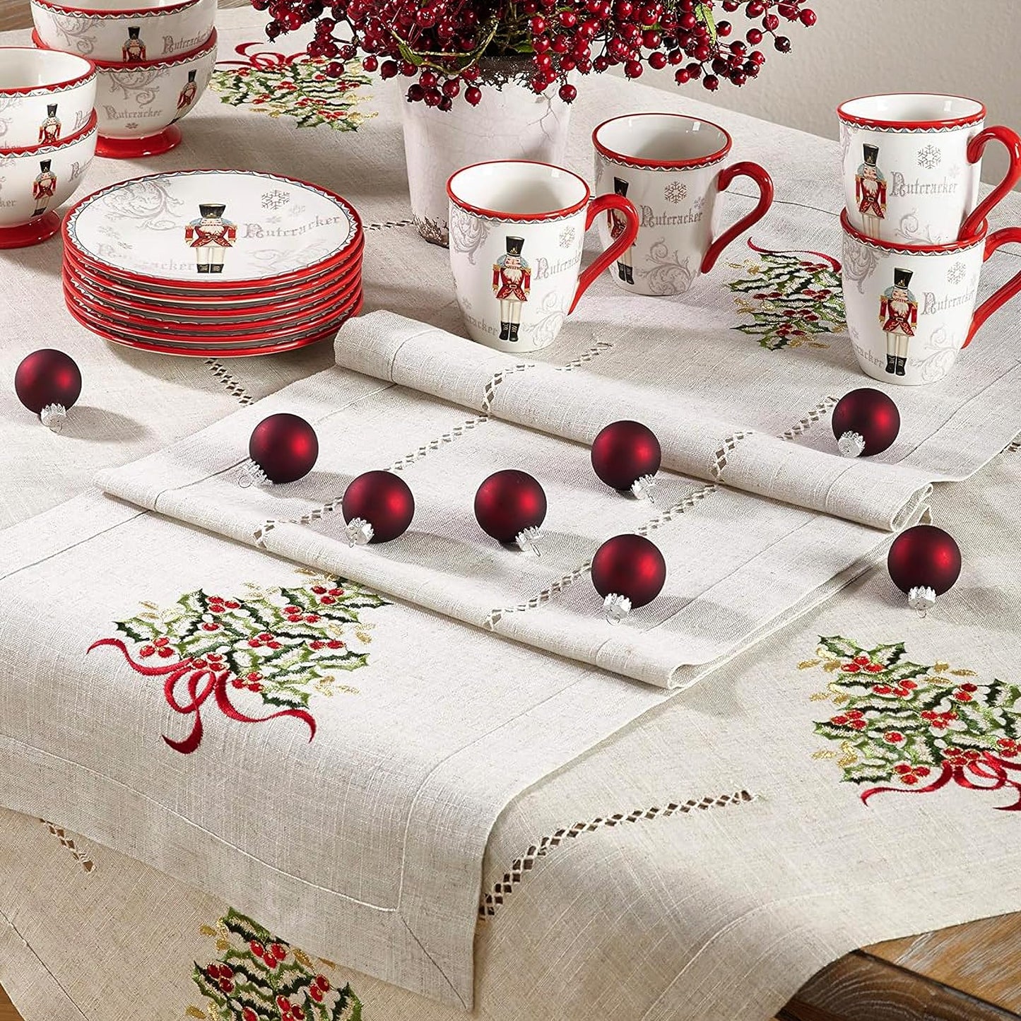 SARO LIFESTYLE 60041.N1654B Holly Collection Christmas Tree Embroidered Table Runner, 16" x 54", Natural