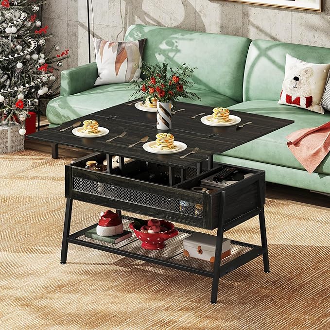 WLIVE Lift Top Coffee Table, 3 in 1 with Hidden Compartment, Multi-Function Coffee Table Converts to Dining Table for Living Room,Charcoal Black