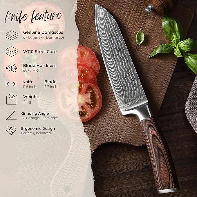 Wakoli 7-inch Damascus Santoku Knife - 67-Layer VG10 Core Steel, Razor Sharp Japanese Chef's Knife with Pakkawood Handle, for Meat, Vegetables & All Kitchen Tasks - Gift Box (EDIB)