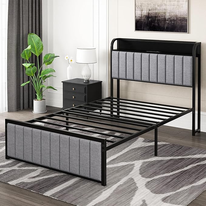 VECELO Twin Bed Frame with Headboard, Upholstered Platform Bedframe, Heavy Duty Metal Slats, No Box Spring Needed, Easy Assembly, Linen Grey