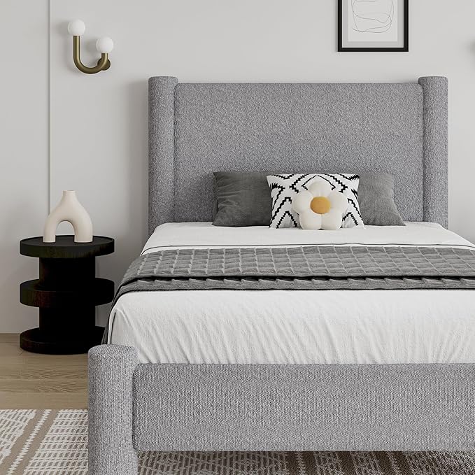 Twin Size Bed Frame, Boucle Upholstered Platform Bed with Headboard and Footboard, Soft Rounded Corners, No Box Spring Required, Easy Assembly, Light Grey