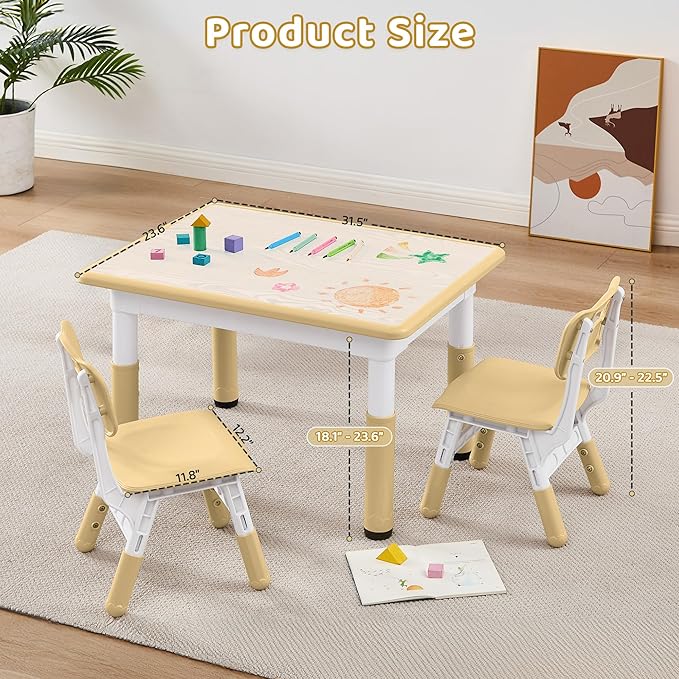 Adjustable Kids Table Chairs Set – Graffiti Desktop, Multi-Activity Height-Adjustable Toddler Study Desk for Ages 3-8 – Ideal for Home, Classroom, Daycare (W-Brown, 2 Chairs-31.5" L x 23.6" W)