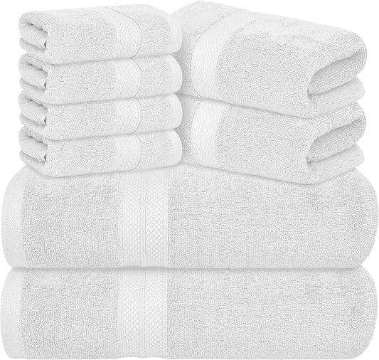 Avalon Towels Luxury 8 Piece Towels Set, 2 Bath Towels, 2 Hand Towels and 4 Washcloths, 600 GSM 100% Ring Spun Cotton Highly Absorbent Bathroom Towel Set, Ideal for Hotel, Spa and Gym (White)