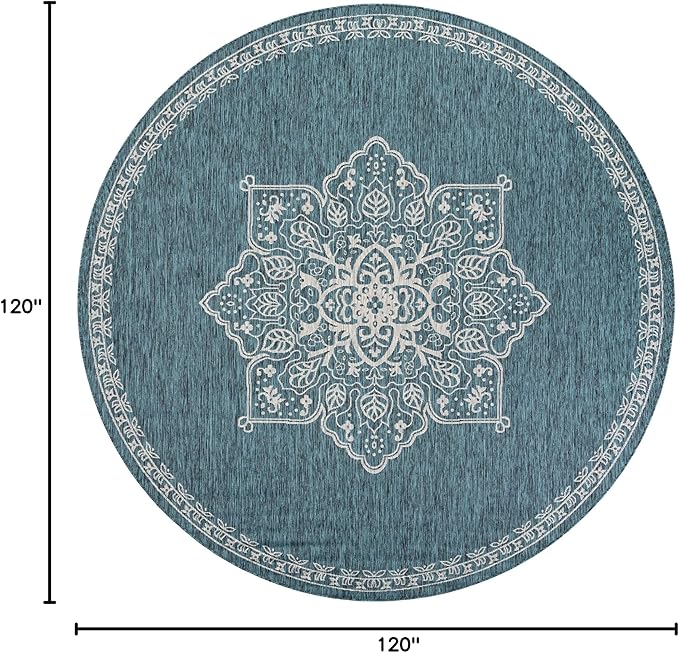 Unique Loom Outdoor Traditional Collection Area Rug - Antique (10' Round Teal/Ivory)