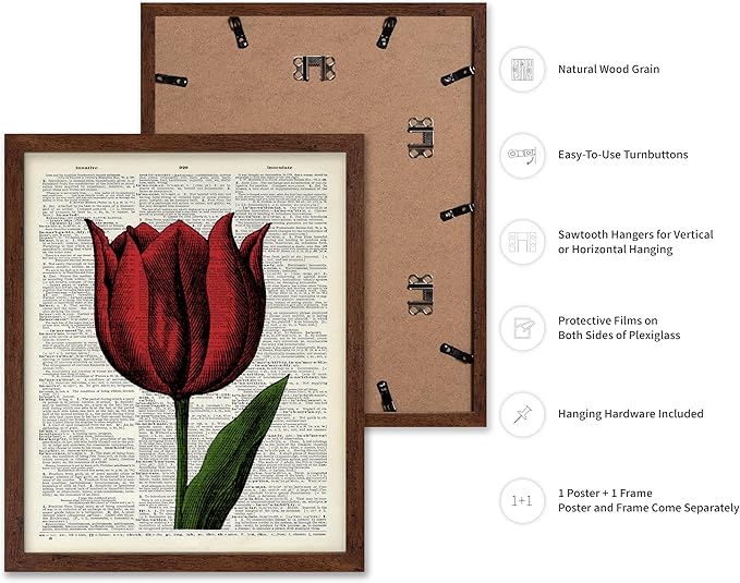 Poster Master Dictionary Art Poster - Tulip Print - Red Flower Art - Floral Art - Gift for Men, Women & Florist - Minimal Decor for Living Room, Bedroom, Dorm or Flower Shop, 8x10 Brown Framed