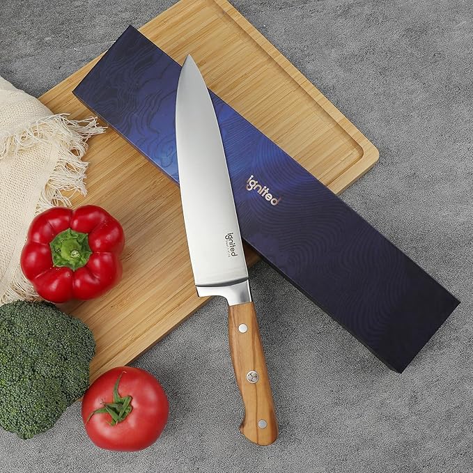 8 Inch Chef Knife, 1.4116 German High Carbon Steel Chef's Knife, Chefs Knife with Ergonomic Olive Wood Handle, Professional Full Tang Kitchen Knife with Gift Box