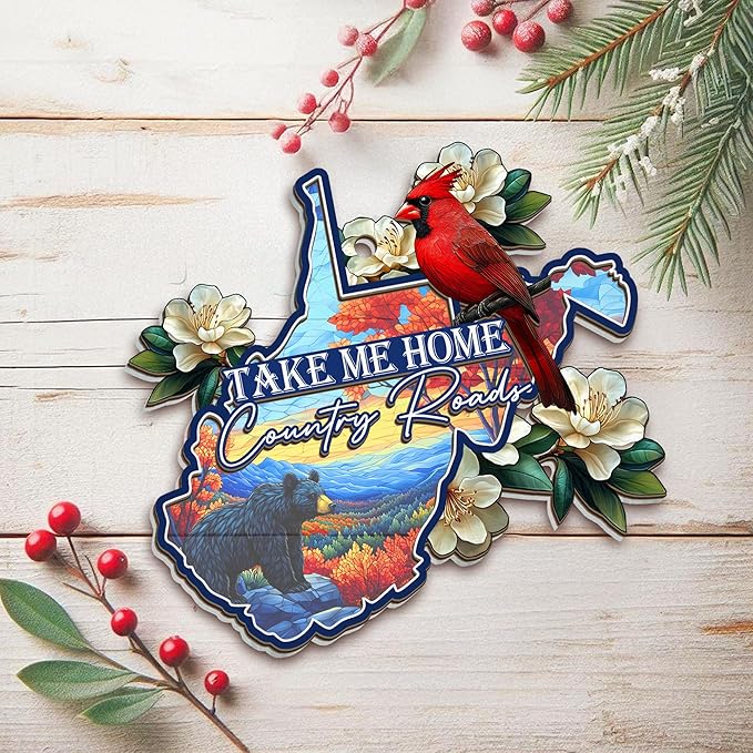 FLAGWIX West Virginia Gifts for Women Men - Suncatcher West Virginia Christmas Ornaments 2025 - Rhododendron Flower and Cardinal Christmas Decorations, State Cardinal Christmas Ornaments for Tree