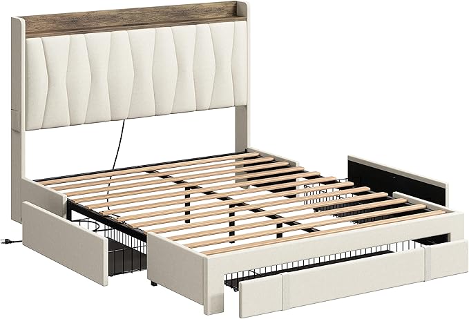 ANCTOR Queen Bed Frame with 3 Drawers, Upholstered Platform Bed with Storage Headboard and Charging Station, No Box Spring Needed, Easy Assembly, Beige