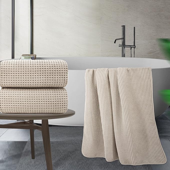 POLYTE Microfiber Quick Dry Lint Free Bath Sheet, 70 x 35 in, Set of 2 (Beige, Waffle Weave)