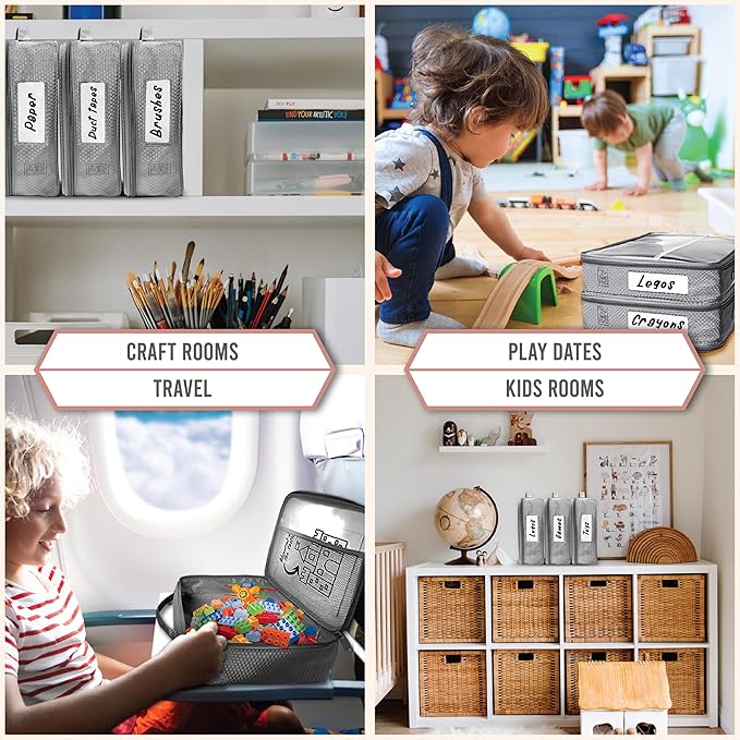 Toy Storage Bag, On the Go Toy Storage Organizer, Car Toy Organization, Blocks Travel Bag, Activity Bags for kids, Traveling Carrying Case, Storage Organizer (Large 4 pc Grey Bags)