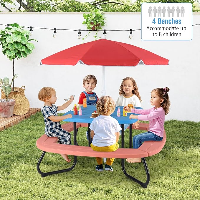KOTEK 8-Person Kids Picnic Table, Toddler Activity Table with Removable Umbrella, 4 Built-in Benches, HDPE Top & Metal Frame, Kids Outdoor Table for Patio Garden Backyard (Blue+Red)