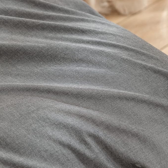 BESTOUCH Duvet Cover Set 100% Washed Cotton Linen Feel Super Soft Comfortable Chic Lightweight 3 PCs Home Bedding Set Solid Dark Grey Queen