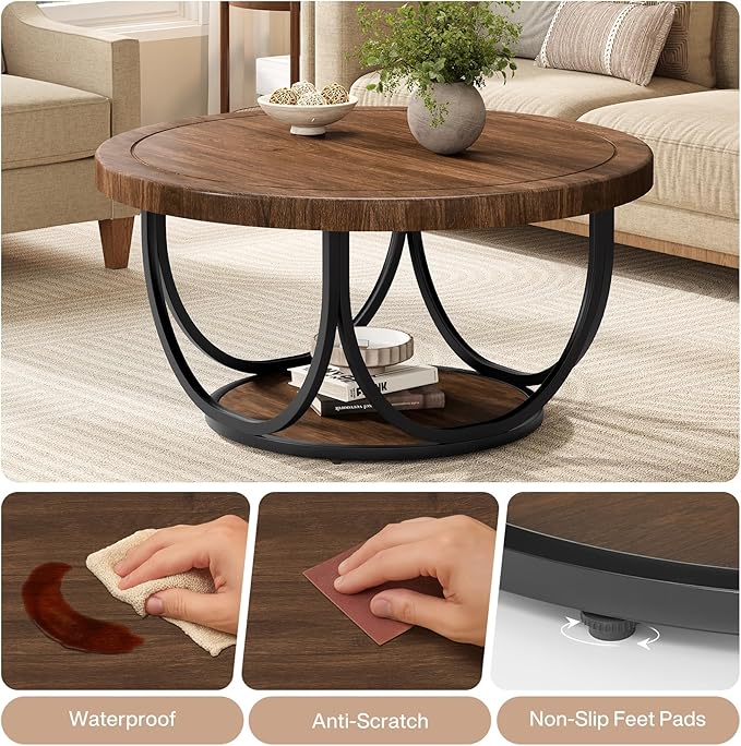 Tribesigns Round Coffee Table with 2 Tiers, 35.4" Wooden Circle Accent Cocktail Table with Storage Shelf and Metal Frame, Industrial Center Tables for Living Room, Brown & Black