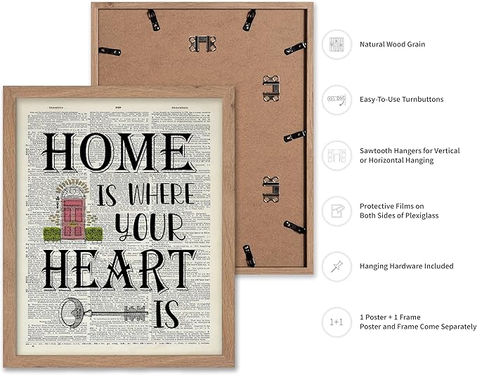 Poster Master Dictionary Art Poster - Home Is Where Your Heart Is Print - Motivational Art - Gift for Men & Women - Inspiring Wall Decor for Dorm, Bedroom or Living Room, 11x14 Beige Framed