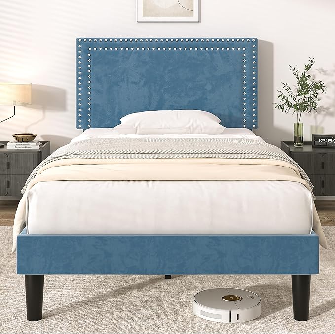 VECELO Twin Size Platform Bed Frame with Adjustable Upholstered Headboard, Modern Mattress Foundation, Strong Wood Slat Support, No Box Spring Needed, Easy Assembly
