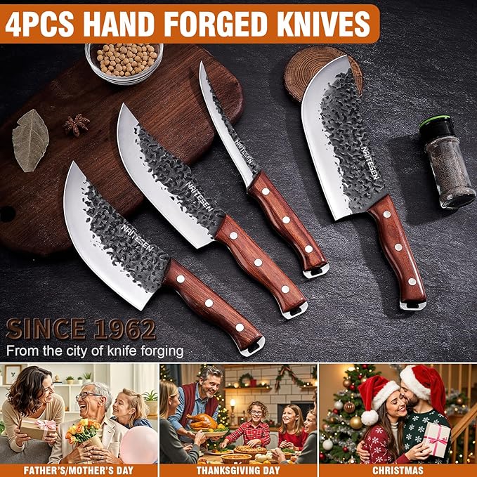 4PCS Butcher Knife and Kitchen Knife Set, Hand Forged Very Sharp for Meat Cutting Cooking BBQ Gifts for Men Women