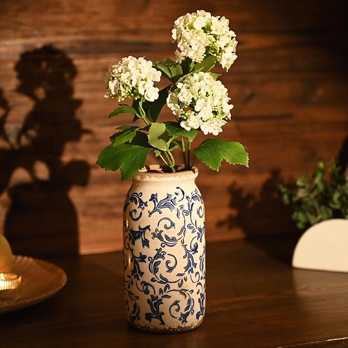 VICTOR & TERESA Rustic Blue and White Vase for Home Decor, Ceramic Vases for Flowers, Modern Farmhouse Decorative Vases for Pampas Grass,Table, Mantel, Living Room,Bookshelf, Centerpieces, 8''
