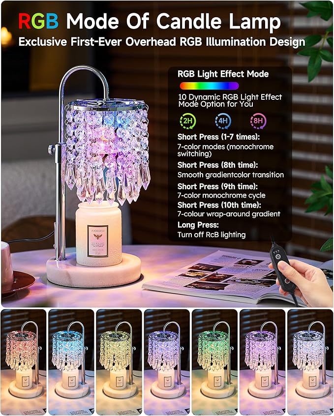 Candle Lamp Warmer with RGB Mode for Adjustable Height, Candle Warmer Lamp with Marble Base for Adjustable Height, Crystal Candle Warmer Lamp for Jar Candles, House Warming Decor Gifts, Silver
