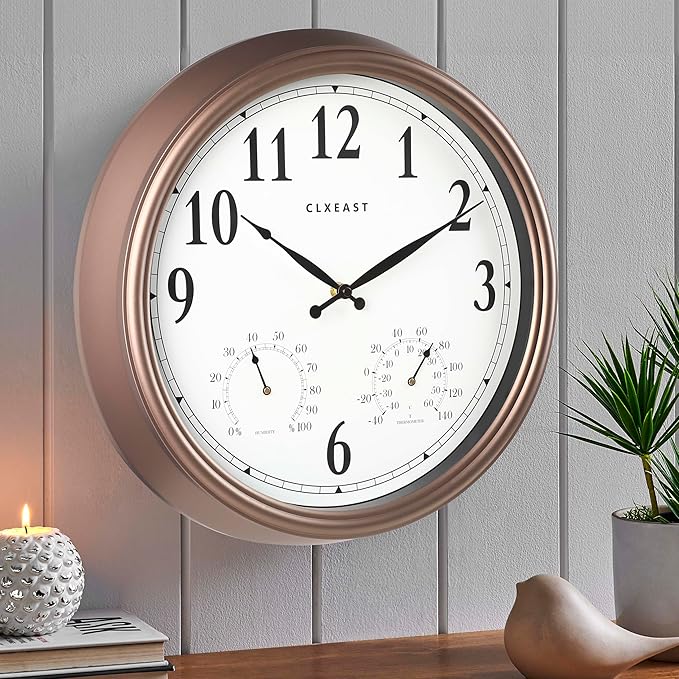 CLXEAST Indoor Outdoor Clocks Waterproof 16 Inch, Large Outdoor Clock Thermometer Combo& Hygrometer,Bronze/Dark Brown Finish,House Warming Gifts New Home