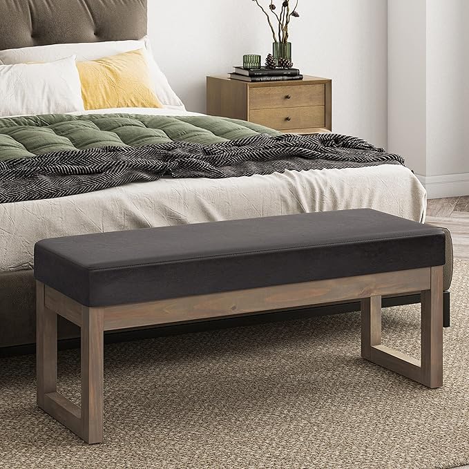SIMPLIHOME Milltown 45 inch Wide Contemporary Rectangle Large Ottoman Bench in Tanners Brown Vegan Faux Leather, Assembled, for the Living Room and Bedroom