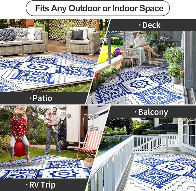 Waterproof Outdoor Rug 6x9ft, Boho Reversible Plastic Straw Mat for Patio RV Deck Porch Backyard Balcony Camping Picnic Beach Indoor Outdoor Carpet, Blue&White