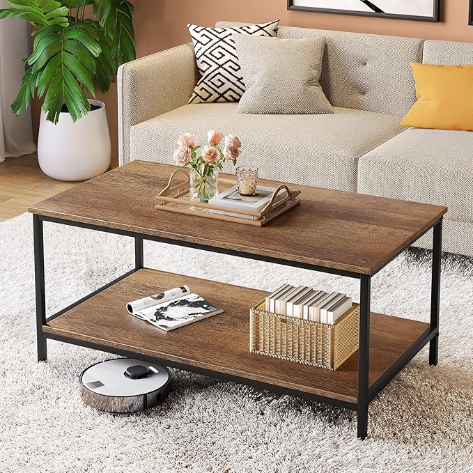 SAYGOER Coffee Table with Storage 2-Tier Industrial Center Table for Living Room, Rectangle Wood Table for Small Spaces Apartment Home Office, Walnut