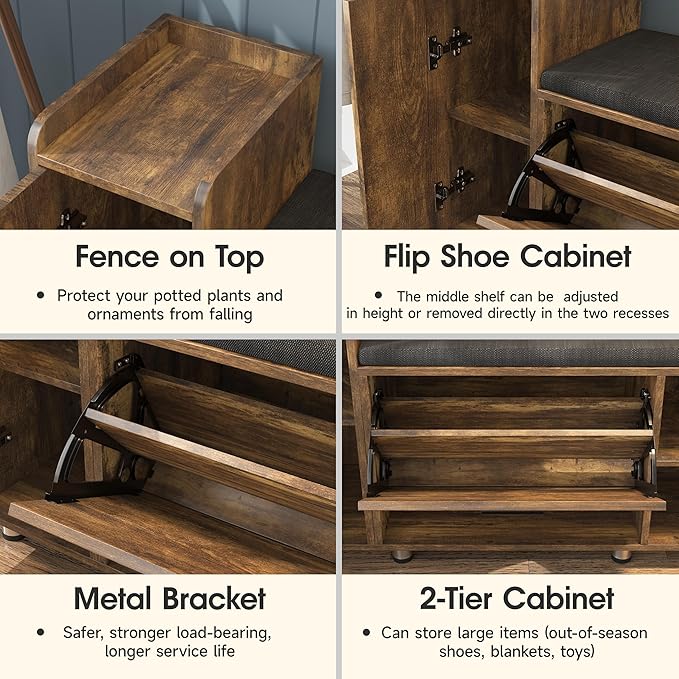 Maupvit Shoe Storage Bench with Flip Drawer Shoe Cabinet, 8 Height Adjustable Metal Feet, Entryway Bench with Removable Seat Cushion, Shoe Bench Rack for Entryway, Rustic Brown