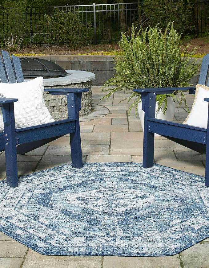 Unique Loom Outdoor Traditional Collection Area Rug - Valeria (5' 3" Octagon, Blue/ Ivory)