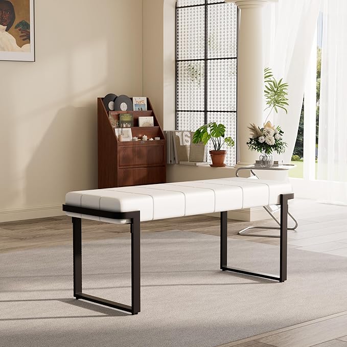 Upholstered Dining Bench, 44.29 Inch Leather Upholstered Bedroom Benches, Entryway Bench for Living Room Kitchen Dining Room(White&Black)
