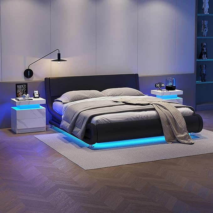 LED Nightstands, Modern End Side Table with 2 Drawers, LED Bedroom Furniture for Bedroom and Living Room, White Marble Pattern