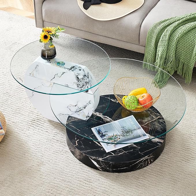 Glass Coffee Table, Modern Round Glass Coffee Table with Wooden Base, 3 Tier Round Coffee Table, Clear Cocktail Table with Storage for Living Room, Office, Balcony, White and Black