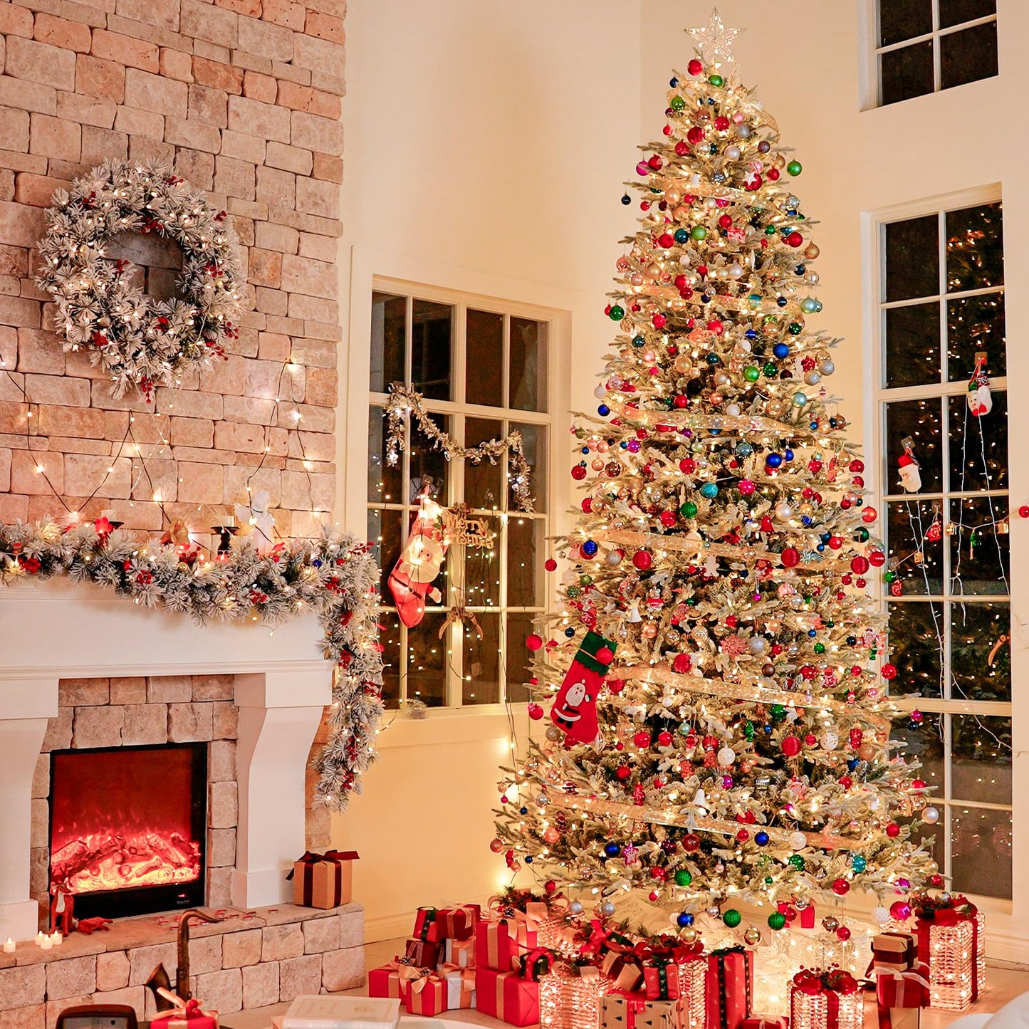 Hykolity 7.5 ft Prelit Snow Flocked Christmas Tree, 2933 PE&PVC Realistic Branch Tips, Artificial Twinkling Christmas Tree with 450 Warm White LED Lights, Metal Stand and Hinged Branches