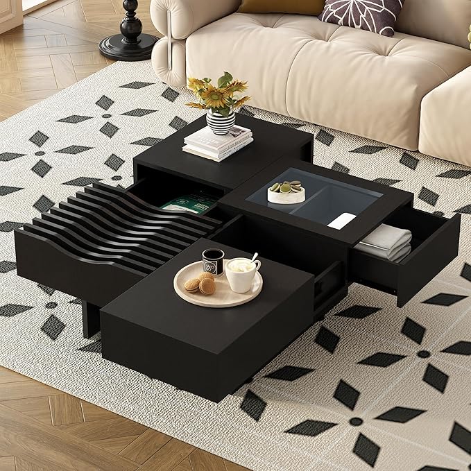 WILLIAMSPACE 33" Square Coffee Table with 3 Drawers, Modern Unique Wooden Center Table with Tempered Glass and Solid Wood Legs, Storage Accent Side End Table for Living Room Apartment, Black