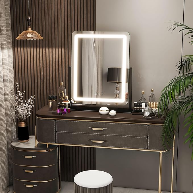 FENNIO Vanity Mirror with Lights 19"x22" - LED Lighted Makeup Mirror,Large Makeup Mirror with Lights,Touch Screen with 3-Color Lighting,Led Mirror Makeup,Dimmable, for Vanity Desk Tabletop, Bedroom