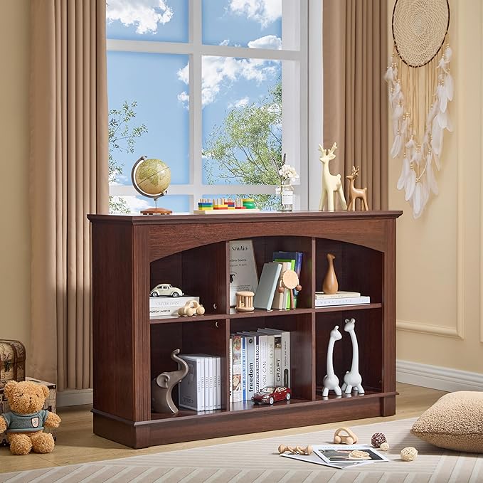 Bookshelf, 6-Cube Bookcase and Kids Bookshelf, Wooden Storage Cabinet with Cube Organizer, Modern Book Shelf for Bedroom Furniture, Living Room, Office Storage, Toy Organizer, Display Cabinet Cherry