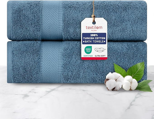 TEXTILOM 100% Turkish Cotton 2 Pcs Bath Towel Set, Luxury Bath Towels for Bathroom, Soft & Absorbent Hotel Quality Bathroom Towels Set (27 x 54 inches)- Mid Blue