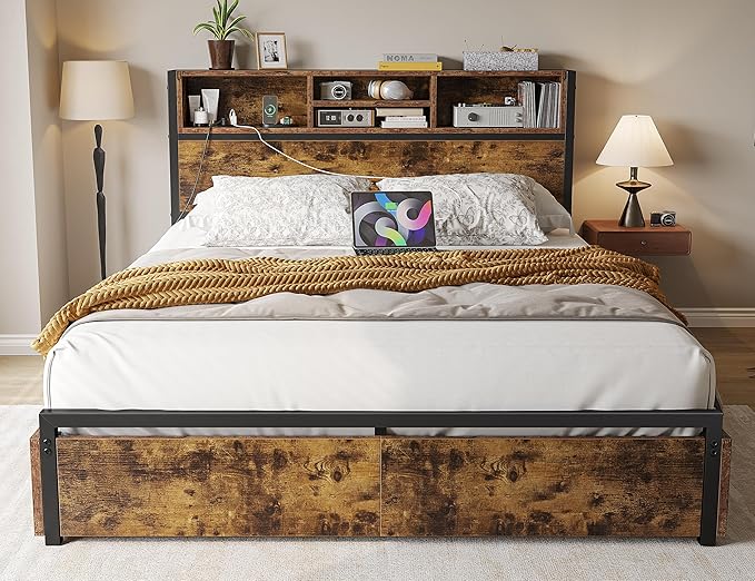 EnHomee Full Size Bed Frame with 6 Storage Drawers Full Bed Frame with Headboard, with Charging Station, No Noise, No Box Springs Needed, Vintage Brown