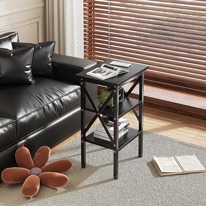VECELO End Table, Bedside Table, 24" Tall Living Room End Tables, X-Design Reinforced Nightstands, Side Table with 3-Tier Storage Shelves for Small Spaces, Office, Bathroom, Bedroom, Classic Black