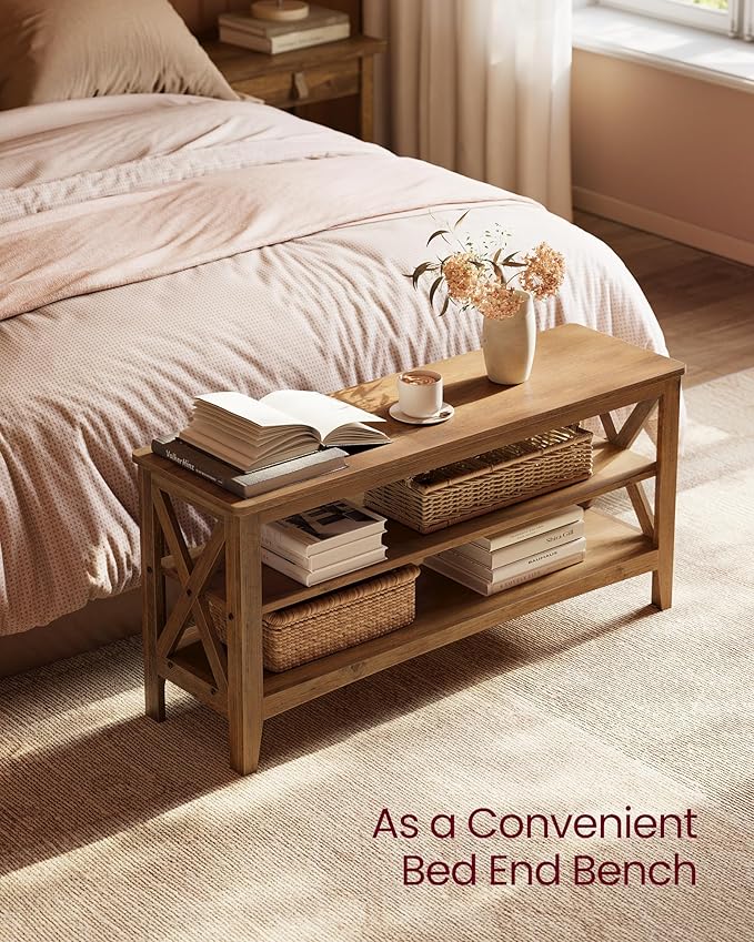 VASAGLE, Entryway Storage Bench, 2-Tier Shoe Rack, 11.8 x 39.4 x 18.9 Inches, Holds up to 600 lb, Farmhouse Style, for Living Room, Bedroom, Honey Brown ULSB153K41