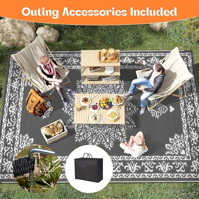 Yamaziot Outdoor Rug 9x12 Ft, Waterproof Plastic Straw Patio Rug, Reversible Backyard Carpet UV Resistant Portable RV Mat Clearance, Large Indoor Outdoor Rug for Patio, Porch, Deck, Balcony, Dark Gray