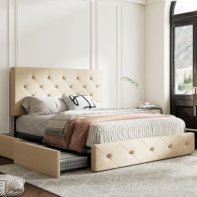 MUTICOR Queen Size Bed Frame with 4 Storage Drawers, Upholstered Platform Bed with Button Tufted Adjustable Headboard, No Box Spring Needed, Easy Assembly, Diamond Tufted, Beige Fabric