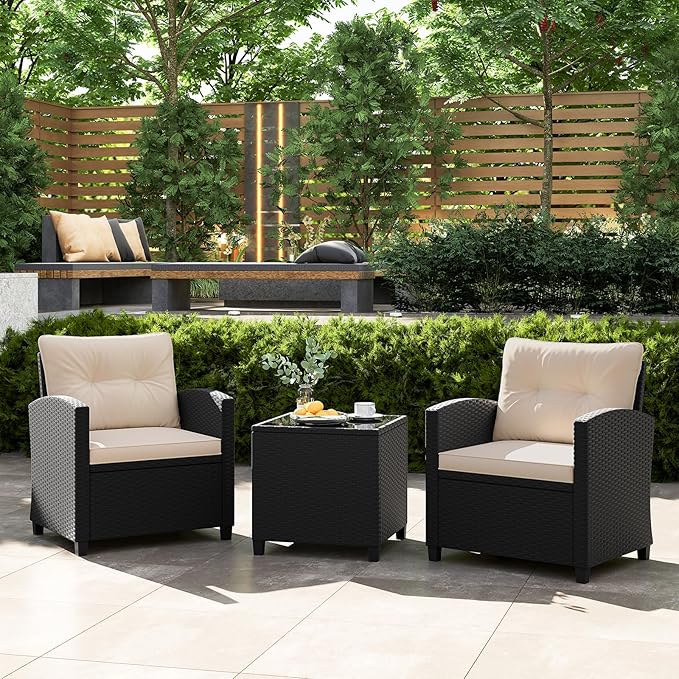 Tangkula 3 Piece Patio Furniture Set, Rattan Conversation Set w/Soft Seat & Back Cushions, Tempered Glass Topped Coffee Table, Cushioned Wicker Seating Set for Backyard, Porch, Poolside (Beige)