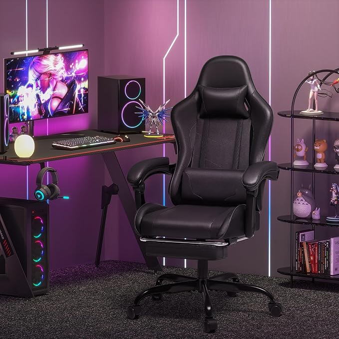 Homall Gaming Chair, Video Game Chair with Footrest and Massage Lumbar Support, Ergonomic Computer Chair Height Adjustable with Swivel Seat and Headrest (Dark Black)