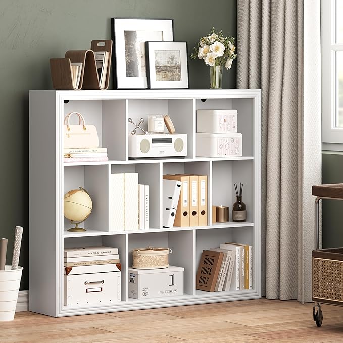 Book Shelf with 10-Cube, 43” Wide Bookshelf with Anti-Tip Device, 38” Tall Open Bookcase, Modern Display Organizer Book Case for Home Office, Entryway, Living Room, Bedroom, Study Room