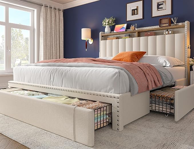 EnHomee Queen Size Bed Frame, Upholstered Queen Bed Frame with 3 Storage Drawers & 2-Tier Headboard Shelves, 1100LBS Heavy Duty, No Box Spring Needed, Easy Assembly, Beige