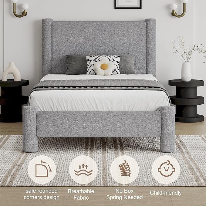 Twin Size Bed Frame, Boucle Upholstered Platform Bed with Headboard and Footboard, Soft Rounded Corners, No Box Spring Required, Easy Assembly, Light Grey