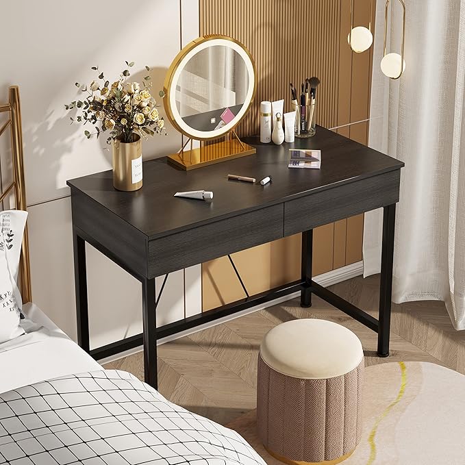 Mexin Small Black Desk with 2 Wooden Drawers, 40 Inch Home Office Writing Desk, Black Vanity Desk with Storage, Computer Desk for Bedroom Small Spaces, Table for Office, Work, Kids Study, Makeup