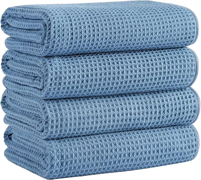 Microfiber Waffle Bath Towels, 4 Pieces, Soft, Absorbent, Fast Drying, Lint Free (Blue)