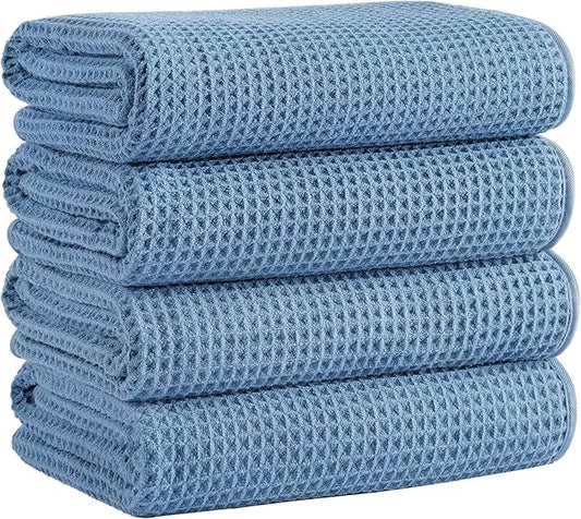 Microfiber Waffle Bath Towels, 4 Pieces, Soft, Absorbent, Fast Drying, Lint Free (Blue)