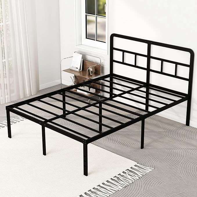 18 Inch Queen Bed Frame with Headboard No Box Spring Needed, Heavy Duty Metal Queen Size Platform with Steel Slat, Mattress Foundation, Easy Assembly, Noise Free, Black